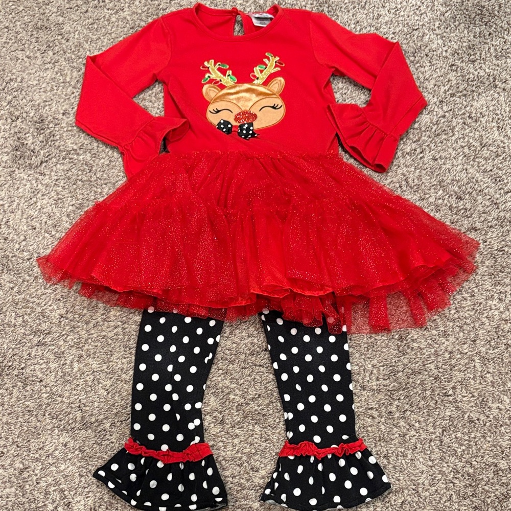 Festive Red Reindeer Kids Top with Polka Dot Leggings